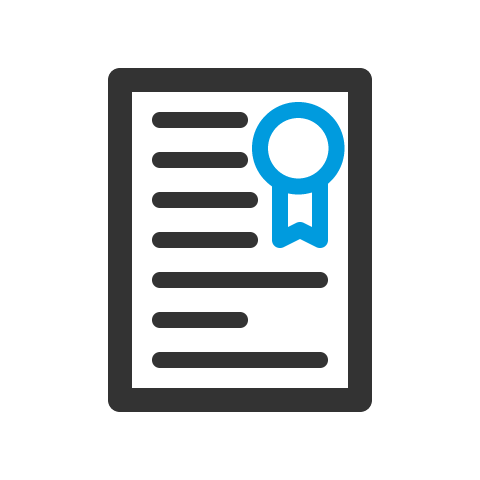 Icône de document avec un ruban bleu représentant un certificat officiel ou une attestation de réussite