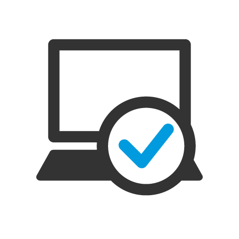 Icône d'ordinateur portable avec une coche bleue symbolisant la validation ou la réussite d'une évaluation en ligne