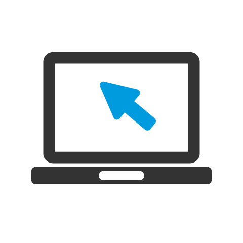 Icône d'ordinateur portable avec un curseur bleu symbolisant l'accès en ligne ou la navigation sur une plateforme numérique