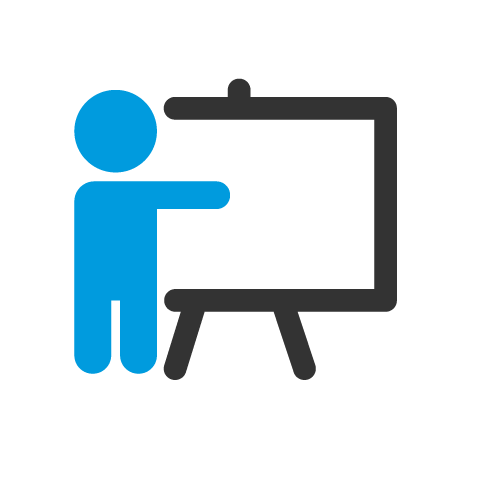 Icône d'un formateur présentant un tableau, symbolisant la formation, l'enseignement ou l'apprentissage en présentiel