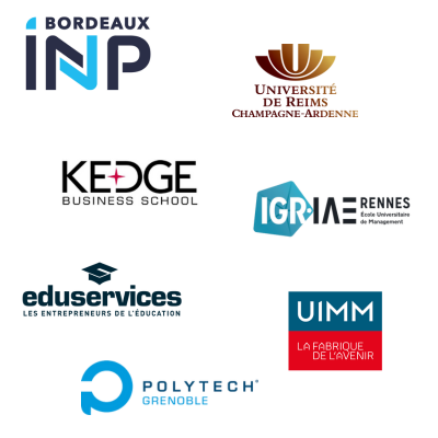 Logos de partenaires académiques et institutions éducatives dont Bordeaux INP, Université de Reims Champagne-Ardenne, KEDGE Business School, IGR-IAE Rennes, Eduservices, UIMM et Polytech Grenoble