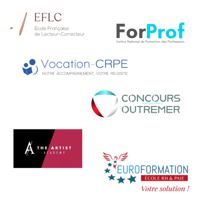 Logos de partenaires et organismes de formation, dont l'École Française de Lecteur-Correcteur, ForProf, Vocation-CRPE, Concours Outremer, Atelier Artist et Euroformation
