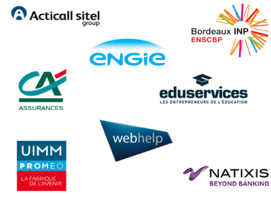 Logos de partenaires que ce soient entreprise, enseignement supérieur ou organisme de formation dont Acticall siteln Bordeaux ENSCBP INP, ENGIE, Crédit Agricole, Eduservices, UIMM, Webhelp, Natixis