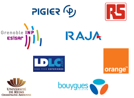 Logos de partenaires que ce soient entreprise, enseignement supérieur ou organisme de formation dont PIGIER, RS, Grenoble ESISAR INP, RAJA, LDLC, Orange, Université de Reims Champagne-Ardenne, Bouygues