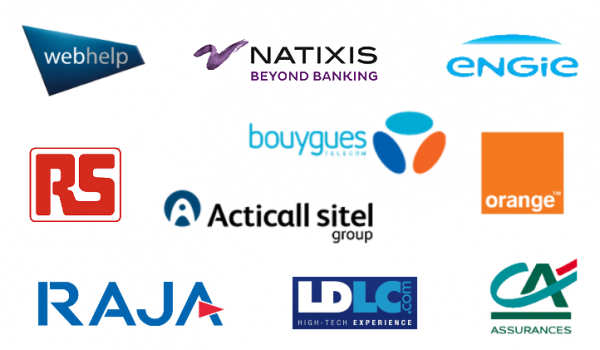 Logos de partenaires entreprises dont Webhelp, Natixis, ENGIE, RS, Bouygues Telecom, Orange, Acticall sitel, RAJA, LDLC, Crédit Agricole