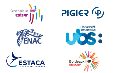 Logos de partenaires académiques et institutions éducatives dont Grenoble ESISAR INP, PIGIER, ENAC, Université Bretagne-Sud, ESTACA, Bordeaux ENSCBP INP