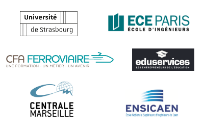 Logos de partenaires académiques et institutions éducatives dont Université de Strasbourg, ECE Paris École d'ingénieurs, CFA Ferroviaire, Eduservices, Centrale Marseille, ENSICAEN